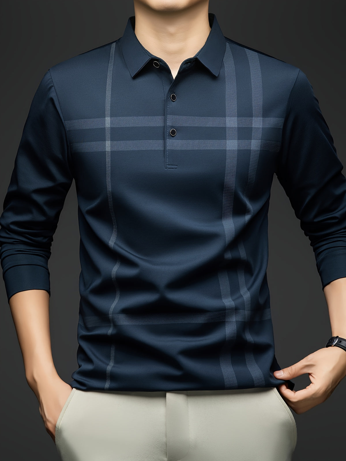 Men'S Striped Long Sleeve Shirt, Casual Commuter Versatile T-Shirt, Lapel Men'S Outdoor Athletic Wear, Easy Long Sleeve Lapel Business T-Shirt, Comfortable Breathable Middle-Aged Men'S Clothing - Dark Cyan