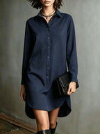 Women's Midi-Length Shirt for Autumn/Winter, Loose-Fit Lapel Half-Open Front Long-Sleeve Casual Top, -Like Texture Midi-Length Blouse, Women's Loose Lapel Versatile Midi-Length Top for Autumn/Winter, Loose Long Shirt, Women's Lapel Half-Open Front - Sea Blue