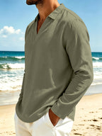 Men's Casual Shirt Outdoor Wear Easy And Comfortable V-neck Design Lapel Autumn Long-sleeved Commuting Men's Top - fern green