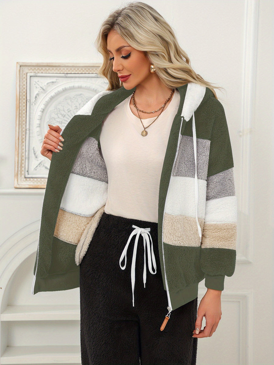 Women'S Warm Fleece Color Block Hooded Jacket Zip Up Chunky Plush Coat with Pockets Casual Loose Fit Winter Outerwear Soft Fluffy Jacket Multiple Colors Available - Olive Green