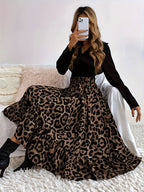 Elegant Leopard Print Midi Skirt with Ruffle Detail - High Waist, Non-Stretch Polyester, Machine Washable - Perfect for All Seasons - Leopard Print