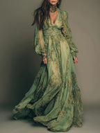 Vintage Green Bohemian Floral Print Ruffle Hem Maxi Dress - Mixed colors