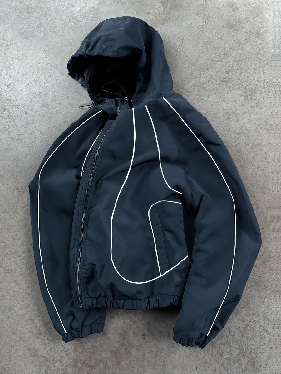 New Autumn/Winter Men's Trendy Hooded Casual Sport Jacket, Loose Fit Fashionable Versatile Jacket with Full-Body Drawstring Design, Outerwear Windbreaker JK5689 - Deep Blue
