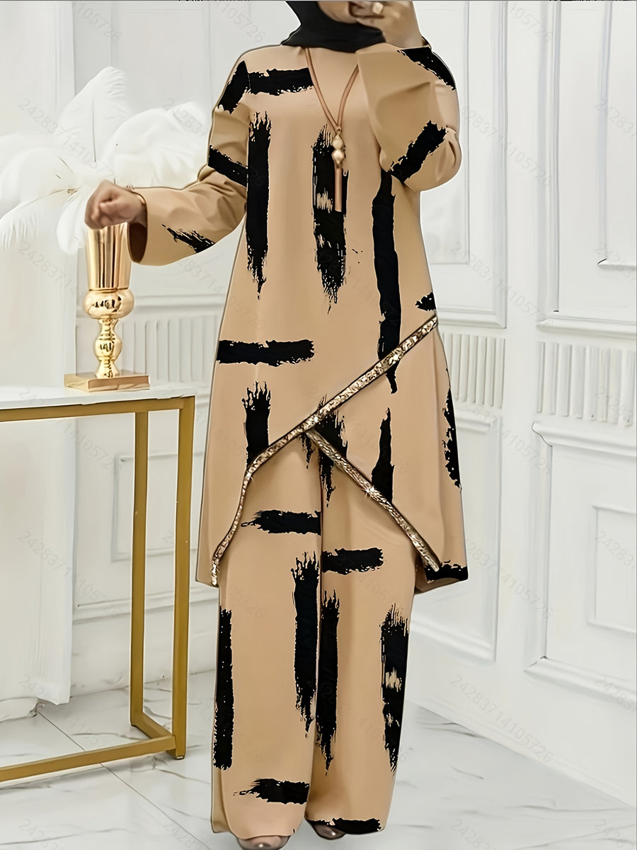Ladies' Elegant Shirt and Wide-leg Pants Set, Paired with Beaded Necklace, Featuring Long-sleeve Design and Loose-fitting Pants, Ideal for Formal Occasions and Suitable for All Seasons. Made of Polyester Fabric, Perfect for Formal Wear - Apricot Strips