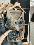 Spring/Summer Sleeveless Vest, Early Spring Hollow-Out Versatile Regular V-Neck Inner Vest, Summer Soft, Comfortable, Breathable, Hollow-Out Elegant Temperament Nap Vest, Fresh Butterfly Print Simple, High-End, Versatile Fashion Vest, Vacation Beach - Peacock Blue