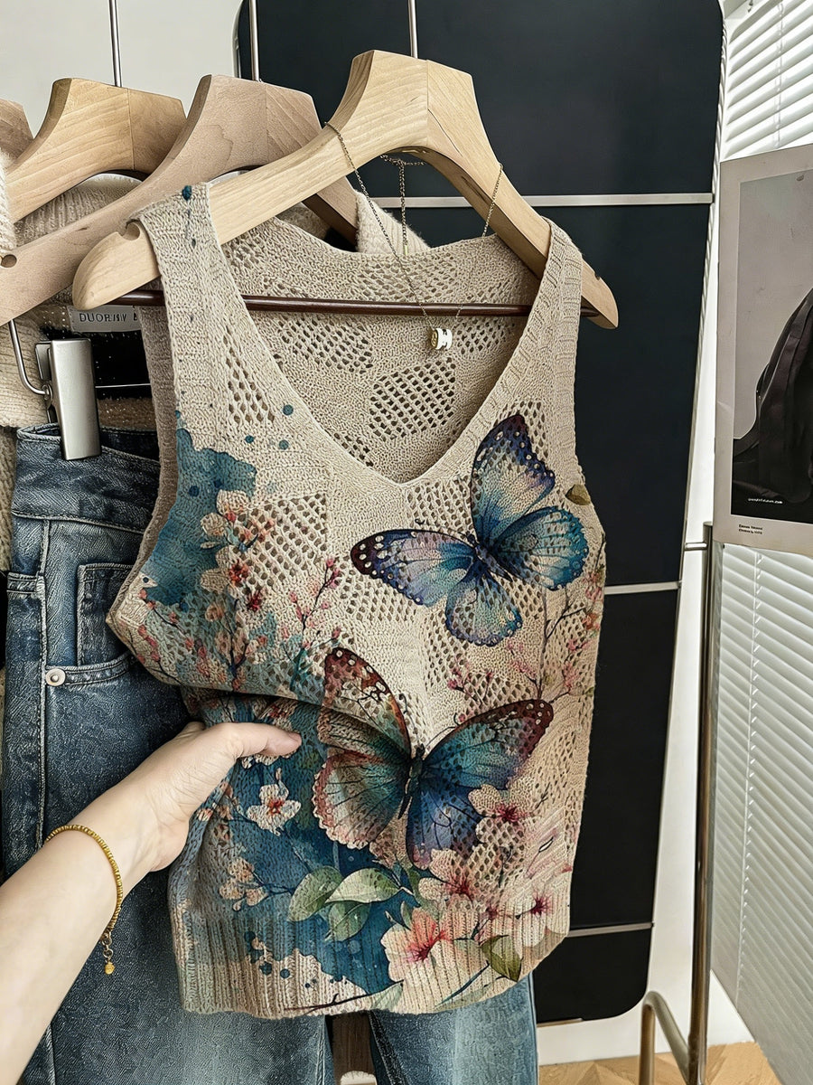 Spring/Summer Sleeveless Vest, Early Spring Hollow-Out Versatile Regular V-Neck Inner Vest, Summer Soft, Comfortable, Breathable, Hollow-Out Elegant Temperament Nap Vest, Fresh Butterfly Print Simple, High-End, Versatile Fashion Vest, Vacation Beach - Peacock Blue