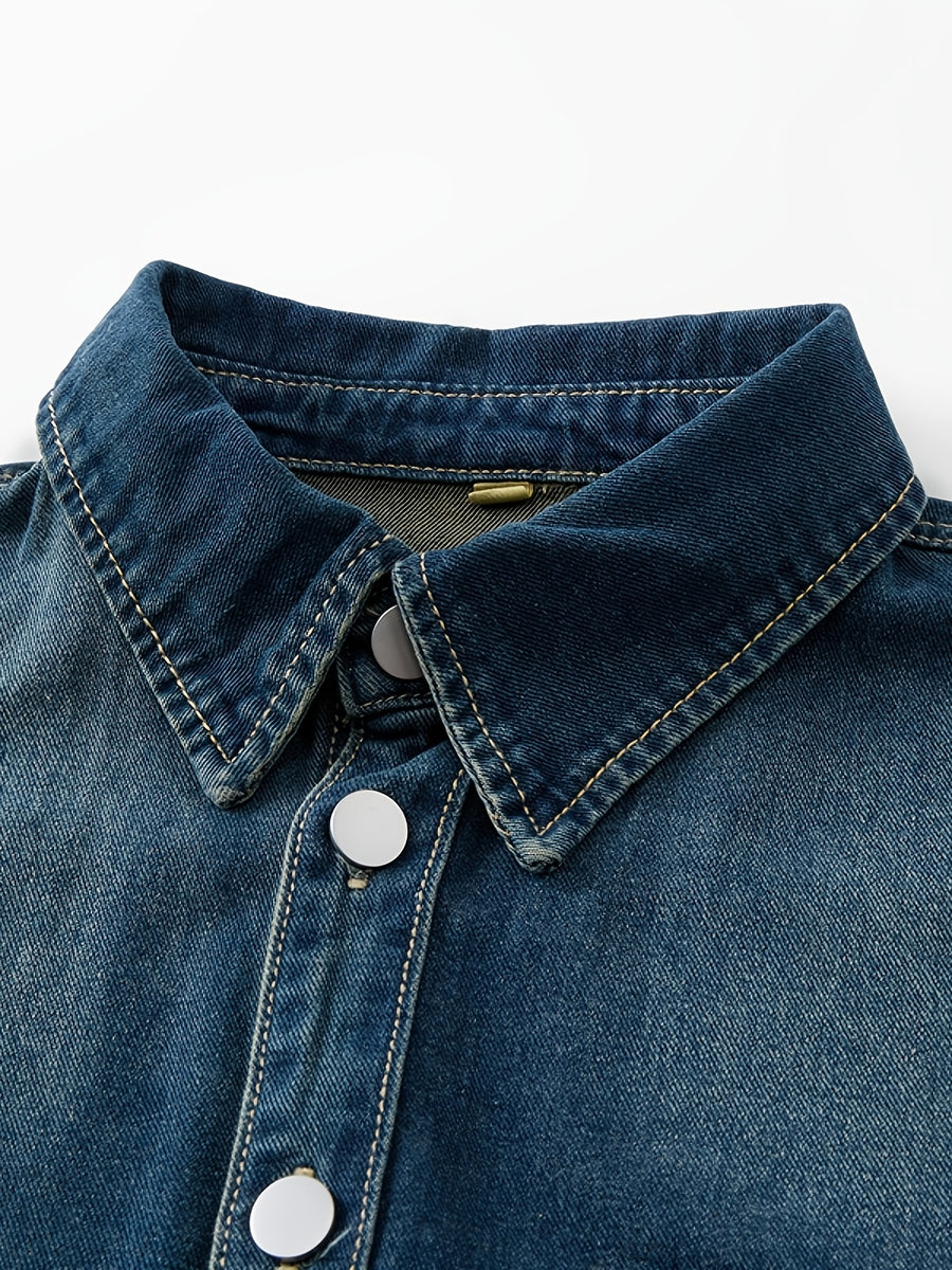 American-style Workwear Denim Shirt for Men, Long-sleeve Trendy Outerwear, Loose-fit Plus Size - Nostalgic Blue