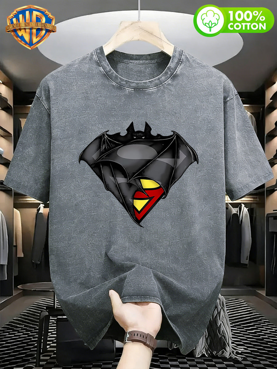 Men'S Loose DC Crossover T-Shirt "Batman And Superman Logo", Men'S 100% Washed Casual Comfortable All-Match Loose Summer Short Sleeve T-Shirt, Suitable for Outdoor Wear, Gym, Office, And Daily Fashion - Grey