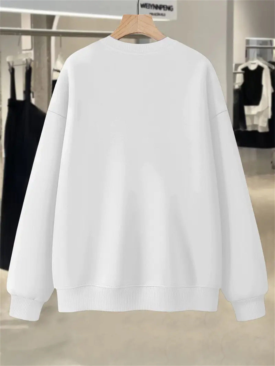 Plus Size, Extended Apparel: Women's Spring/Autumn/Winter Cross-Border European & American Plus-Size Simple Graphic Print Sweatshirt, Casual Crew Neck Sweatshirt, Women's Plus-Size Sweatshirt - White