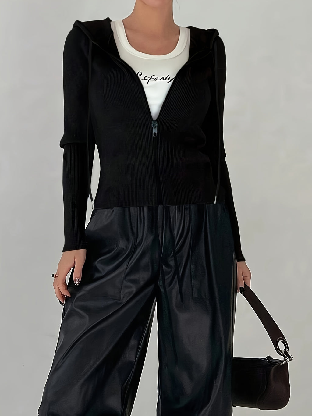 Women's Slim-Fit Solid Color Hooded Long Sleeve Casual Jacket - Black