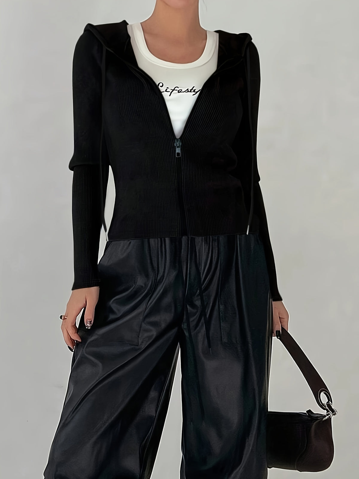 Women's Slim-Fit Solid Color Hooded Long Sleeve Casual Jacket - Black
