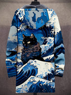 Vintage Japanese Art Wave Pattern Printed Fashion Men's Plush Thick Long-Sleeved Cardigan Coat Winter Warm Zipper Hooded Coat - Vibrant Blue