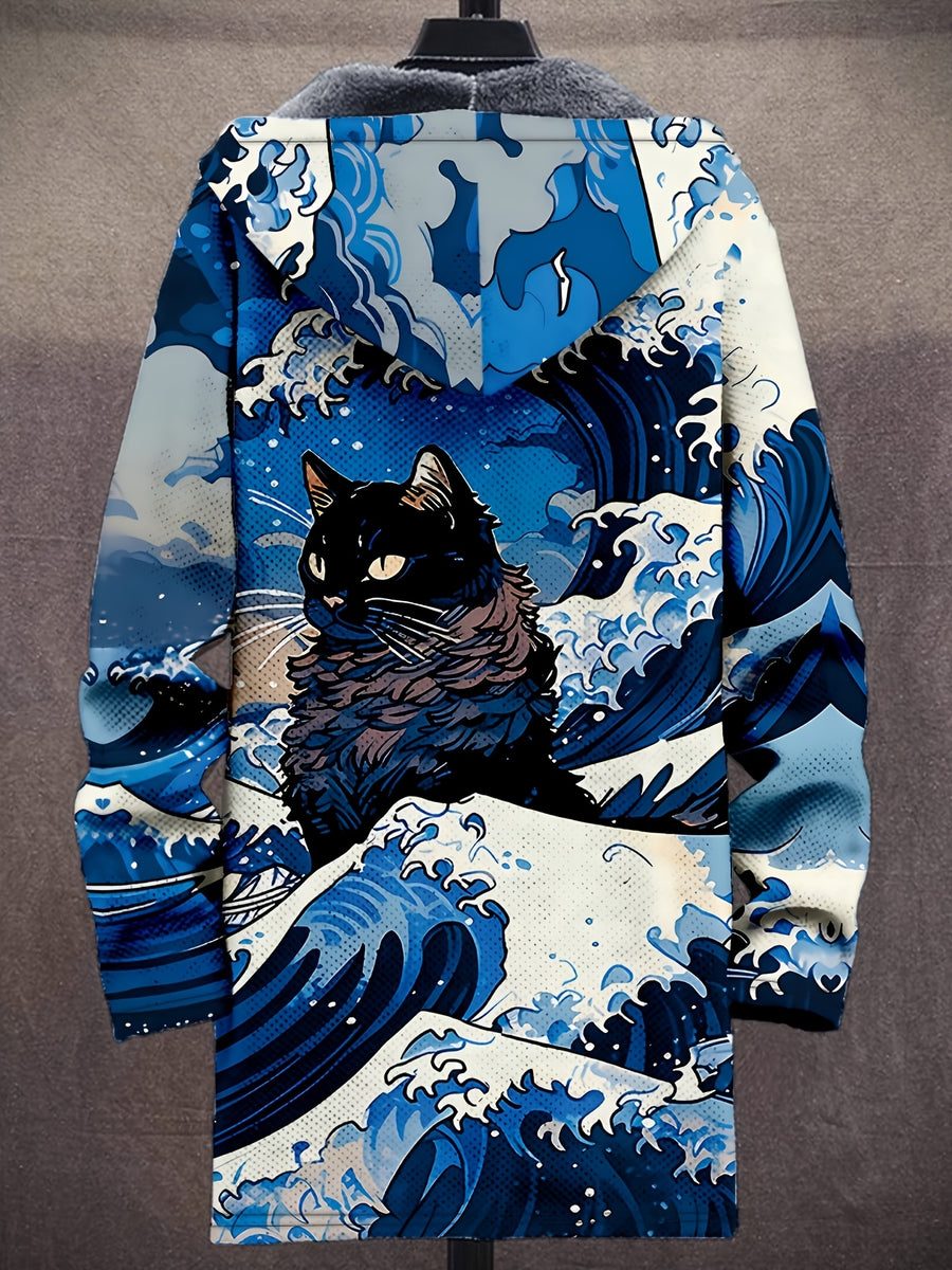 Vintage Japanese Art Wave Pattern Printed Fashion Men's Plush Thick Long-Sleeved Cardigan Coat Winter Warm Zipper Hooded Coat - Vibrant Blue