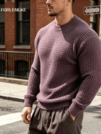 FORLENGKE Autumn/Winter New Arrival Men's Round Neck Waffle Knit Sweater, Three-Dimensional Checkered Weave Texture, Loose Fit Long Sleeve Pullover, Solid Color Basic Style for Daily Streetwear, Commuting, Simple and Versatile, Casual Inner or Outer - Purple