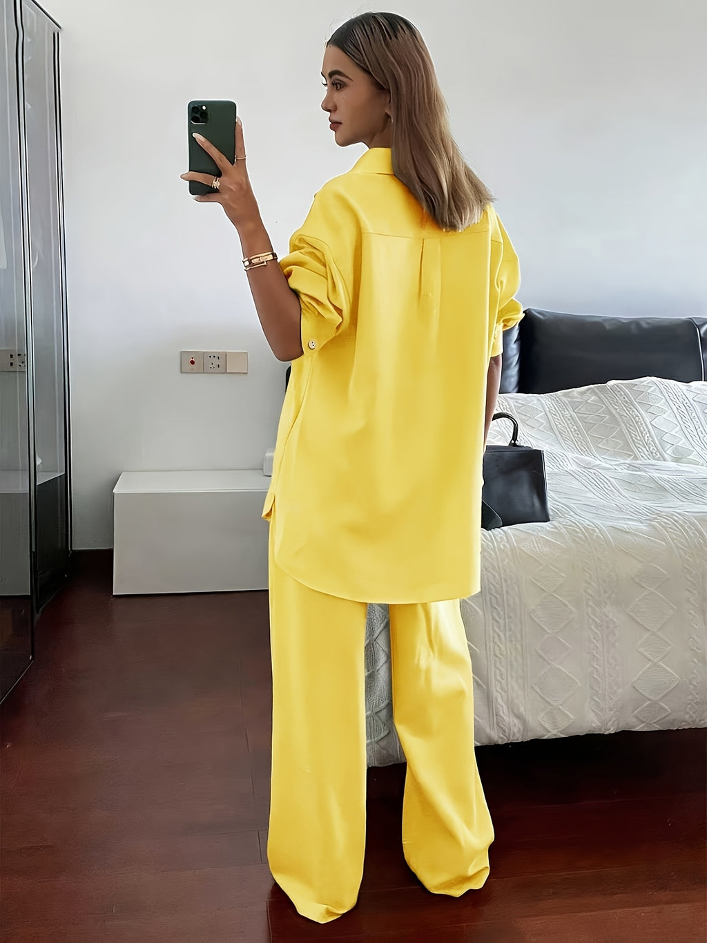 Women'S Spring Autumn Elegant Casual Loose Comfortable Solid Color Shirt Top And Straight Long Pants 2pcs Set - Golden
