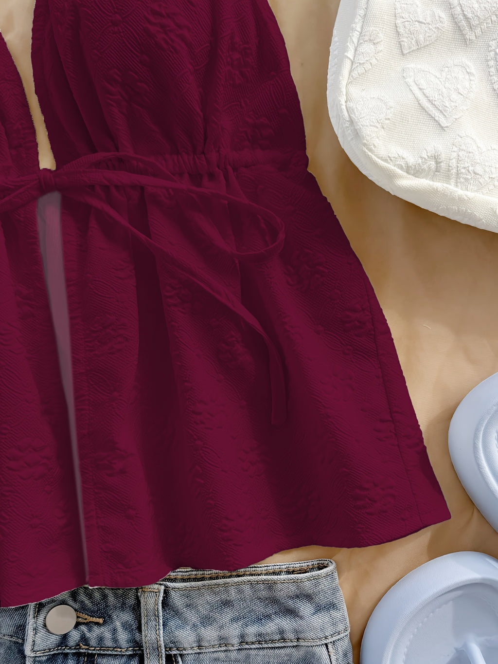 Solid Floral Texture Cute Top - Reddish Purple