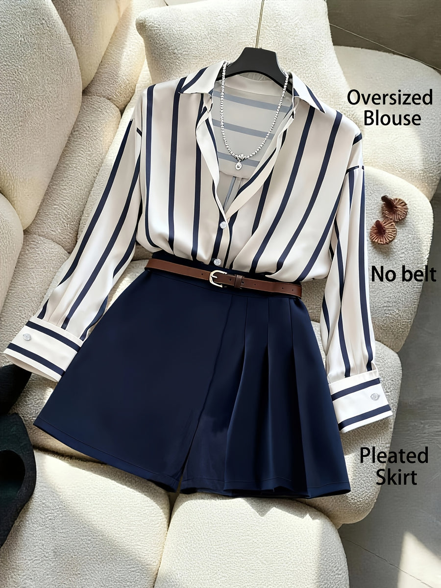 [Development ZD251208042] Glovely Striped Shirt + Asymmetrical Pleated Skort Elegant Women's 2pcs Set - Navy Color