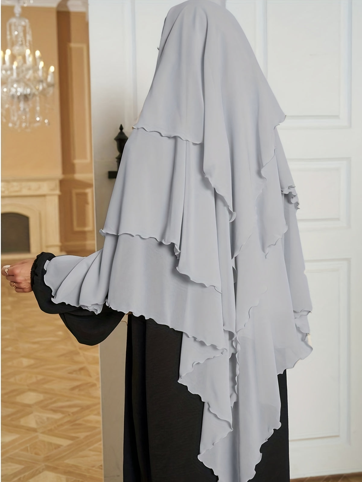 1pc Fashionable, elegant and casual three-layer chiffon fabric solid color suitable for daily wear, loose and comfortable Women's abaya headscarf.sarees for women indian wedding robe aid femme abayas for women muslim jilbab femme khimar hijab - Light Grey