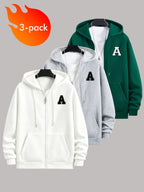 50%, 50% Polyester, 3pcs Men'S Patchwork Warm Fleece Zip-Up Hooded Sweatshirt, Men'S Clothing, Long Sleeve Fleece Jacket, Zip-Up Top, Hooded Sweatshirt, Pockets, Drawstring, Suitable for Outdoor, Casual, Back-To-School Season, Gift for Boyfriend - White + light gray + dark green
