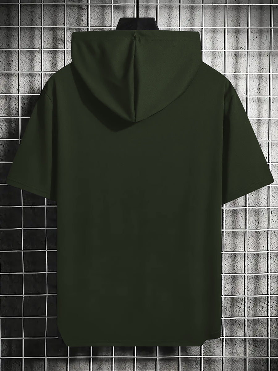Men's Hooded T-Shirt, Coconut Tree Sunset Print Hoodie, Vacation Casual Style, Summer Outfit, Casual Short-Sleeve Hooded T-Shirt, Summer Outdoor Casual Short-Sleeve, Vintage Fashion Trend, Spring-Summer Vacation Outdoor Wear, Suitable for Parties - Army Green