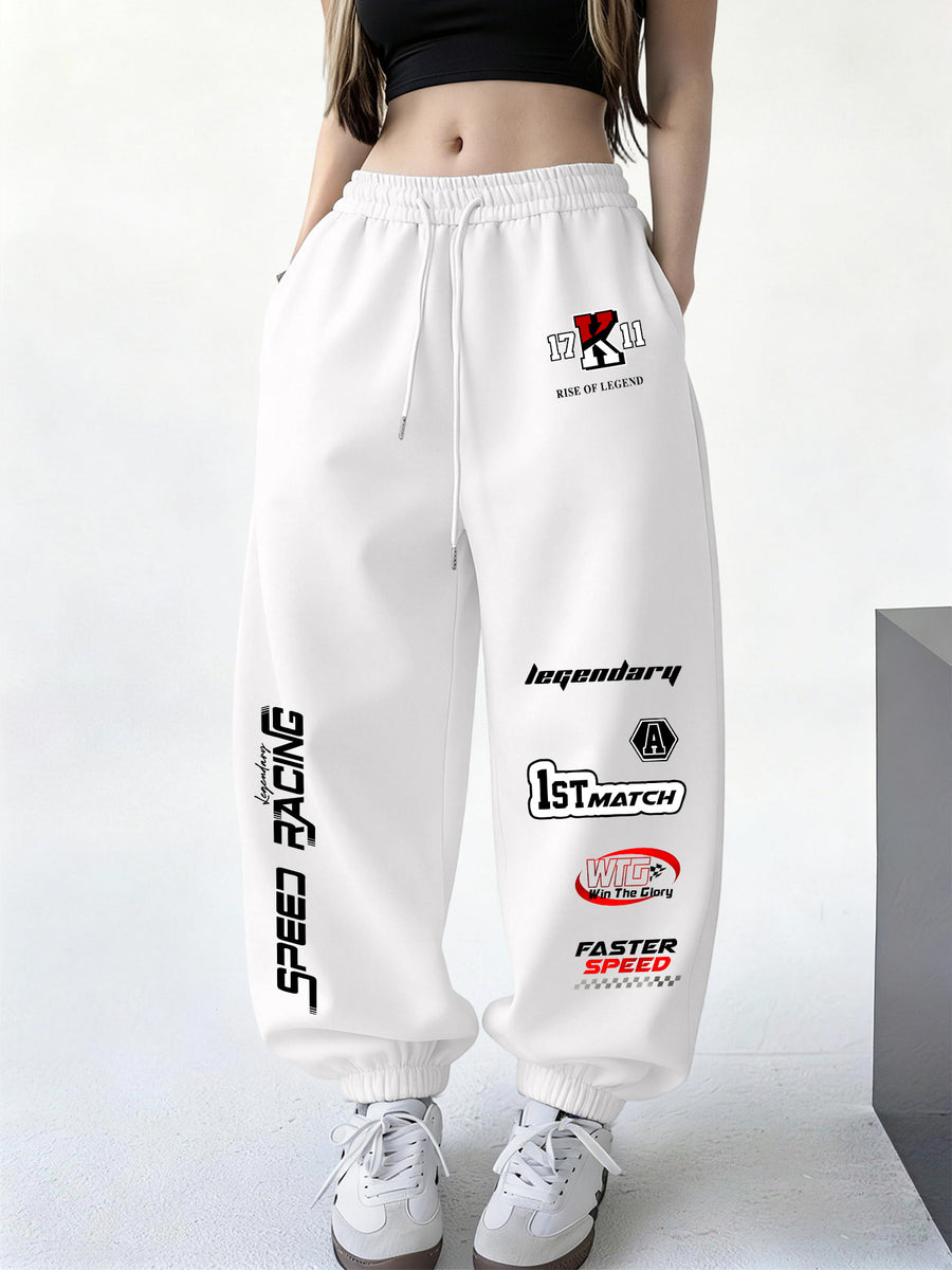Women's Drawstring Sweatpants, Y2K Solid Color Printed Long Pants, Elastic Waist Cuffed Joggers, Casual Fashionable and Elegant Versatile Commuter Pants, 2026 New Style, Suitable for Spring, Cycling, and Outdoor - White