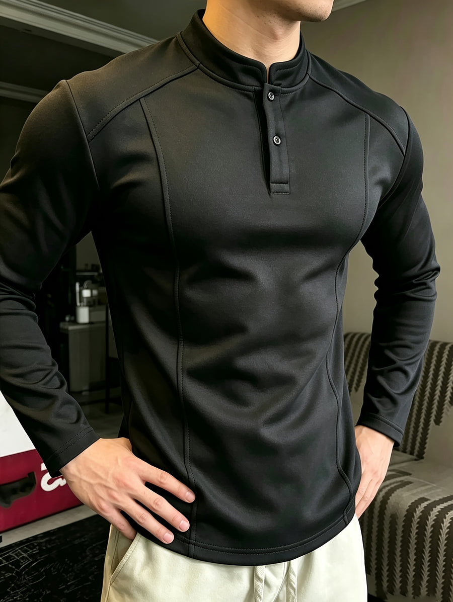 Men's Polo Shirt, Spring/Autumn Regular Shoulder Construction Patchwork Long Sleeve T-Shirt, Men's Three-Dimensional Sweatshirt, In-Stock Slim Fit Base Layer Shirt - Black