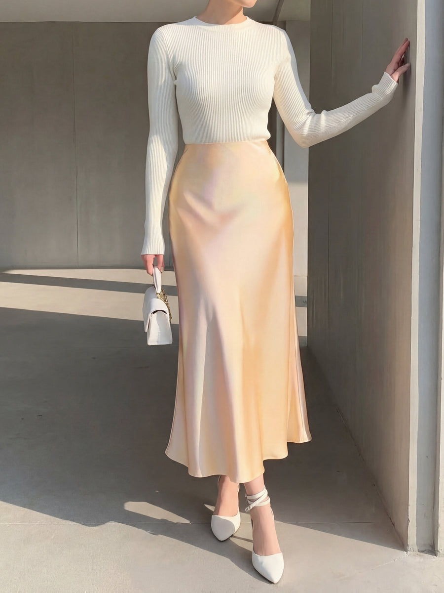 Spring/Summer Women's Slim-Fit Solid Color Satin Mermaid Skirt - Champagne