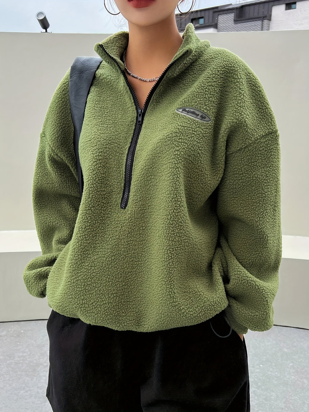 Applique Detail Drop Shoulder Half-Zip Fleece Sweatshirt, Perfect Choice for Women'S Fall Winter - Green