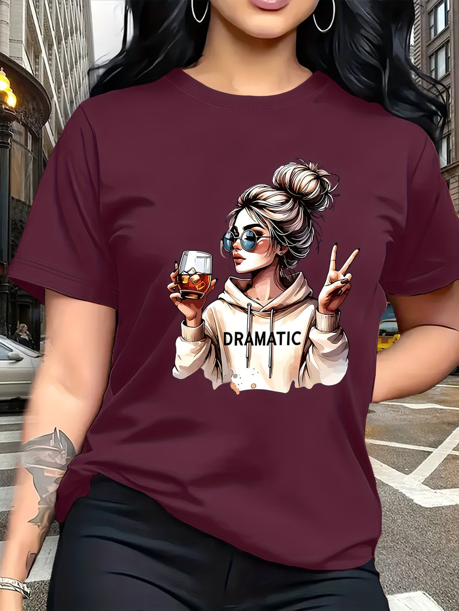Street-style Trendy Art Print Featuring a Woman with a Bun Hairstyle and Fashion Glasses Holding a Red Wine Glass. Simple Round-neck Casual Versatile Short-sleeve Women's T-shirt, Suitable for Leisure, Travel, Vacation, and Other. 11643 - Fuchsia