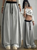 New Style Versatile Casual Gray Straight-Leg Pants for Women with Black Side Stripe Contrast Design, Sporty Leisure Trousers - Grey