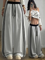 New Style Versatile Casual Gray Straight-Leg Pants for Women with Black Side Stripe Contrast Design, Sporty Leisure Trousers - Grey