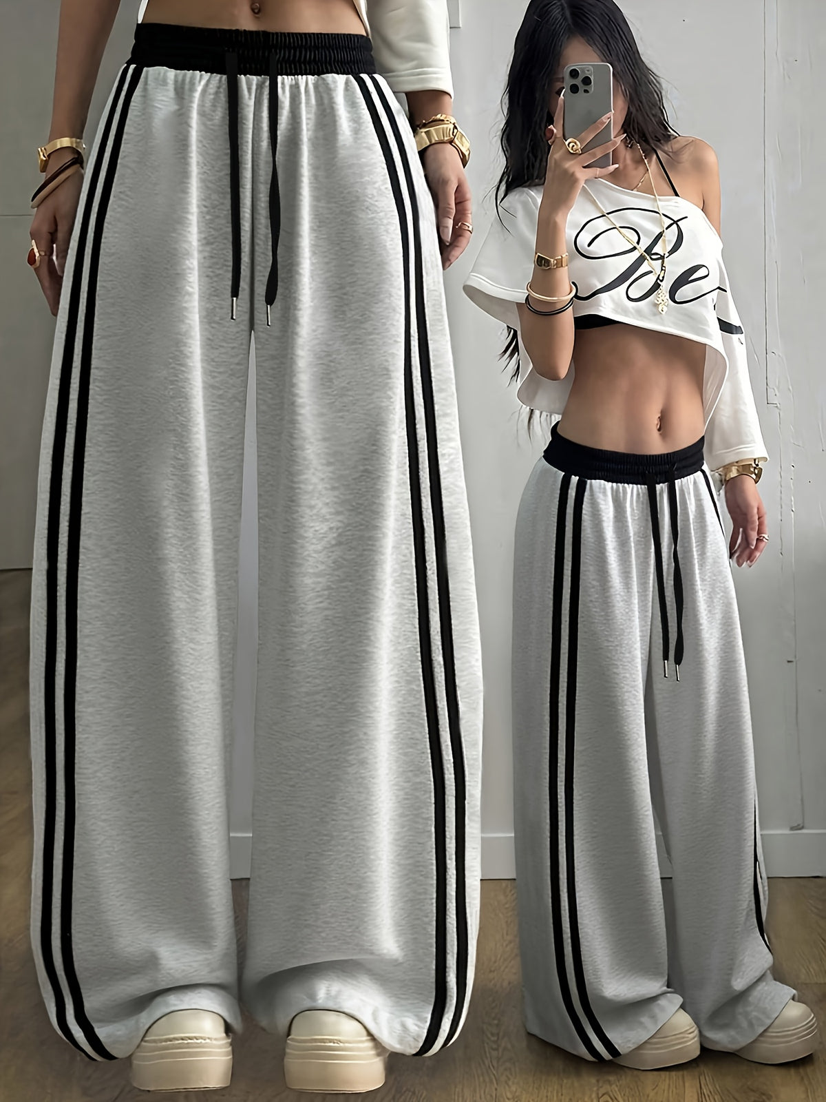 New Style Versatile Casual Gray Straight-Leg Pants for Women with Black Side Stripe Contrast Design, Sporty Leisure Trousers - Grey