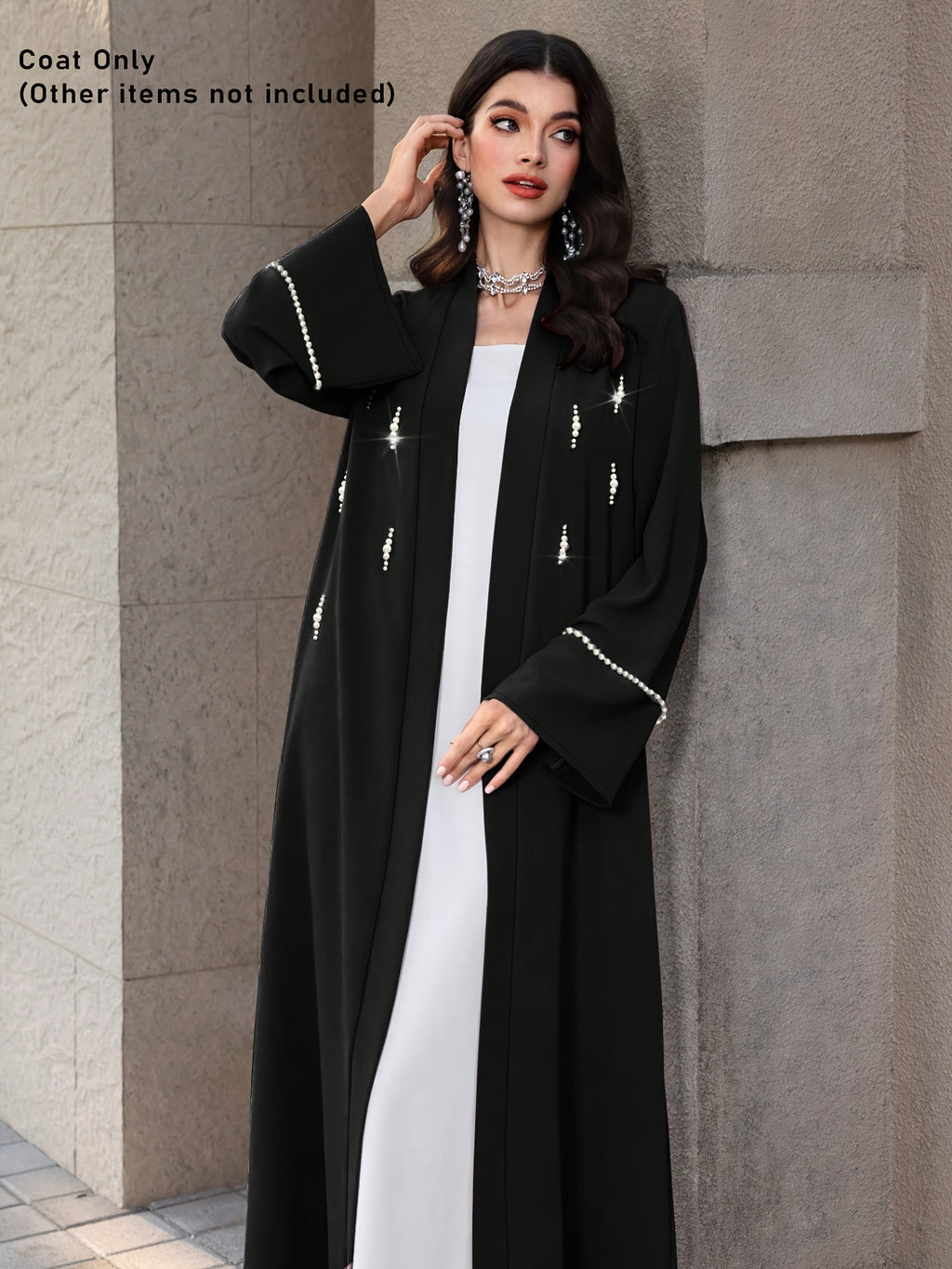 Fashionable Elegant Women'S Solid Color Pearl Embellished Cardigan, Loose Drapey Long Coat, Fabric, Non-Stretch, Machine Washable, Suitable for Daily Wear, Spring/Summer Trend, Shopping Commute / Date Outfits / Easy Trendy Outings - Black
