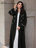 Fashionable Elegant Women'S Solid Color Pearl Embellished Cardigan, Loose Drapey Long Coat, Fabric, Non-Stretch, Machine Washable, Suitable for Daily Wear, Spring/Summer Trend, Shopping Commute / Date Outfits / Easy Trendy Outings - Black