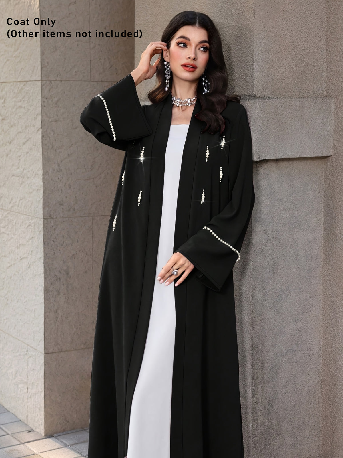 Fashionable Elegant Women'S Solid Color Pearl Embellished Cardigan, Loose Drapey Long Coat, Fabric, Non-Stretch, Machine Washable, Suitable for Daily Wear, Spring/Summer Trend, Shopping Commute / Date Outfits / Easy Trendy Outings - Black