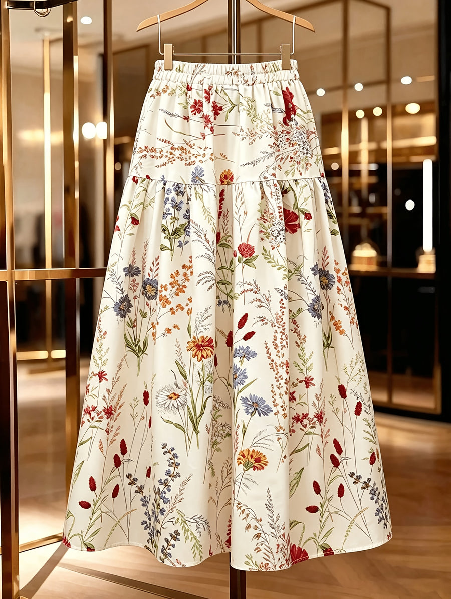 Women'S Multicolor Printed Elastic Waist Tiered Long Skirt, Beige, Spring Summer Fall Style, Bohemian Aesthetic, Picnic And Vacation Wear, Elegant Choice, Street Photography, Teacher Outfit - Off-white