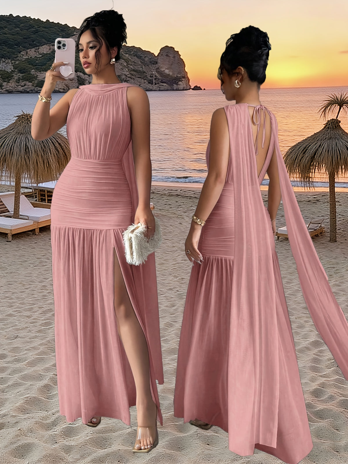 Women's Solid-color Minimalist Sleeveless Maxi Dress for Spring/summer, Suitable for New Year Outfits, Dates, Holidays, and Valentine's Day Wear - Pale Pinkish Gray