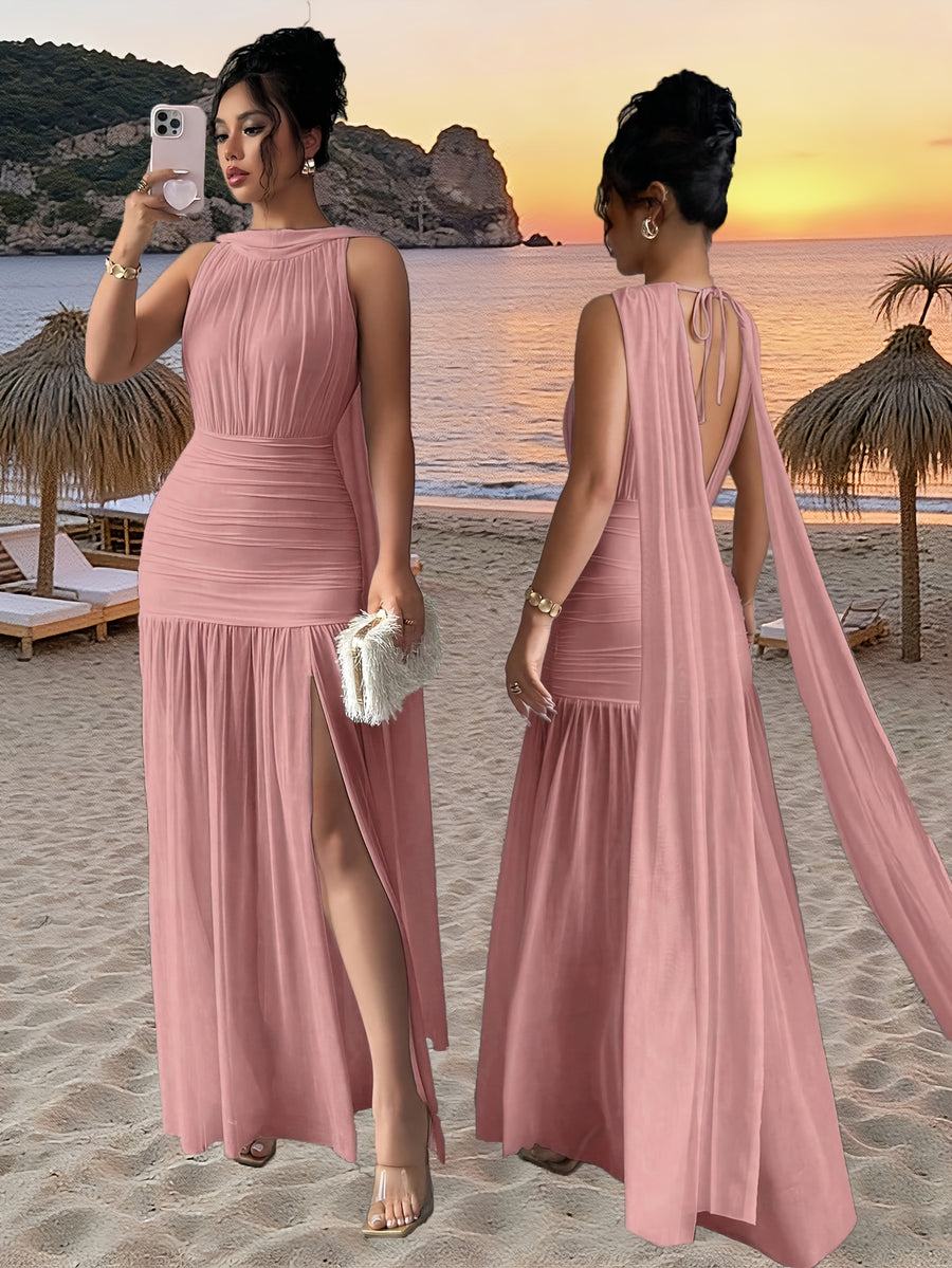 Women's Solid-color Minimalist Sleeveless Maxi Dress for Spring/summer, Suitable for New Year Outfits, Dates, Holidays, and Valentine's Day Wear - Pale Pinkish Gray
