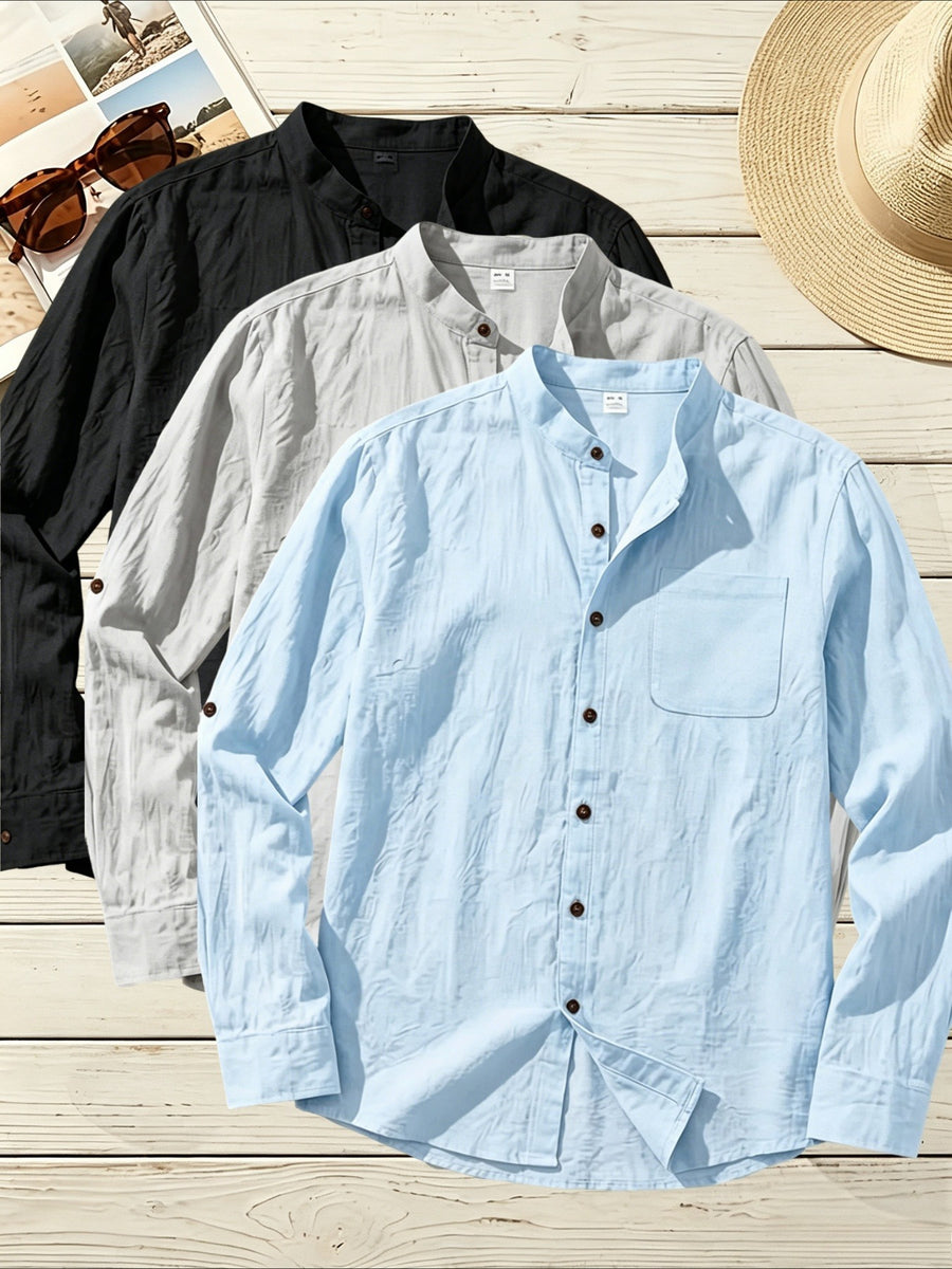 3pcs Men's Stand Collar Long Sleeve Linen Shirt for Travel, Vacation, Shopping, and Work Wear, Lightweight, Breathable, and Anti-Stuffy, Casual Relaxed Style, Spring/Summer Loose Straight Fit, Roll-Up Sleeve Design with Chest Pocket, Multiple Colors - Black+Gray+Blue