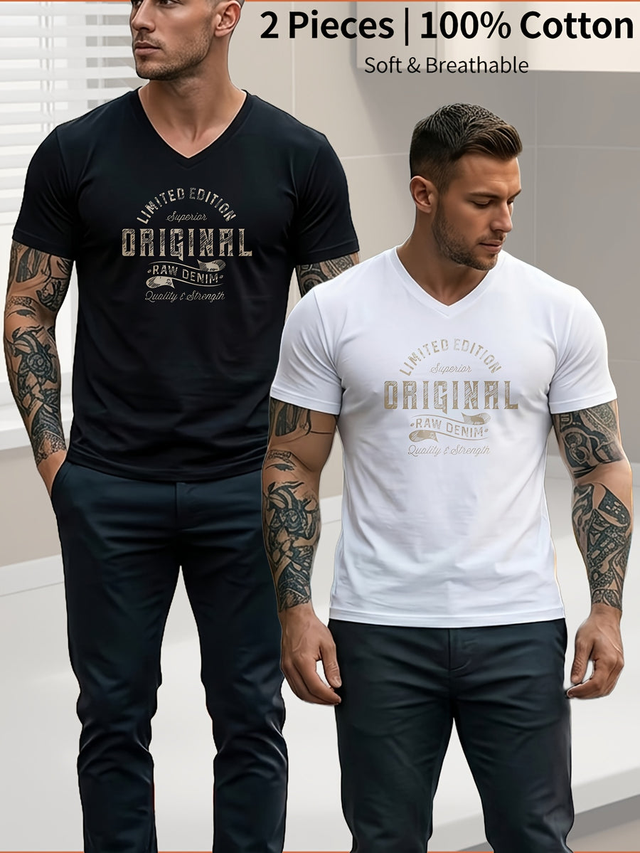 Cotton V Neck Slim Fit Men's T-Shirt Limited Edition Original Print Casual Wear for Spring And Summer Gift for Him - Black+White