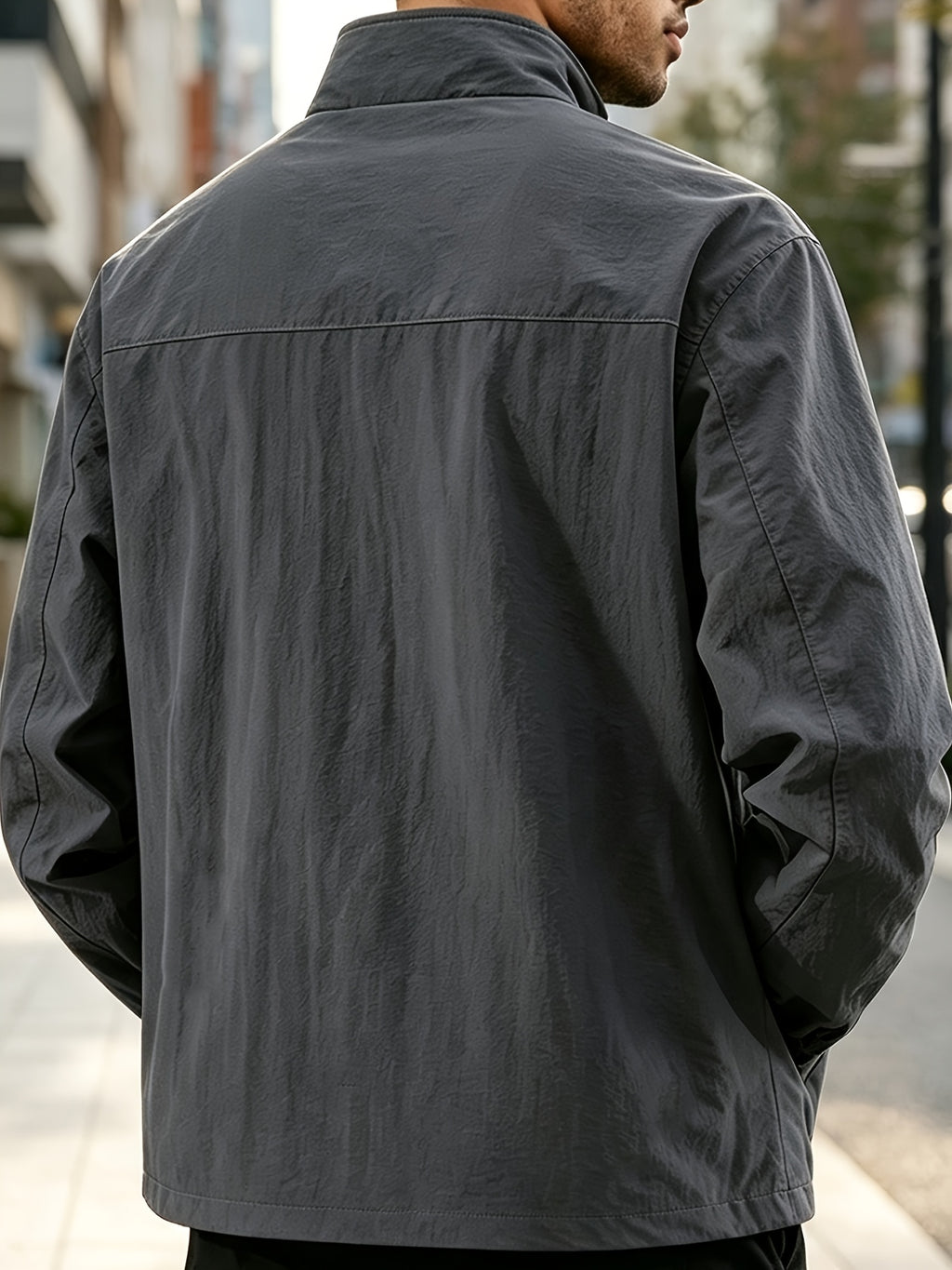 DIFFELEMENT Men'S Stand-Collar Tech Cargo Jacket, Lightweight Breathable Woven Fabric Windproof High Collar Full Zipper Front with Large Pockets And Dual Storage Design, Regular Fit for City Commute, Outdoor Hiking, Daily Layering, Casual Scenarios - Dark Gray