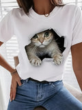 Summer New Fashion Cat Pattern Print T-Shirt Casual Korean Version Regular Round Neck Short Sleeve T-Shirt - White
