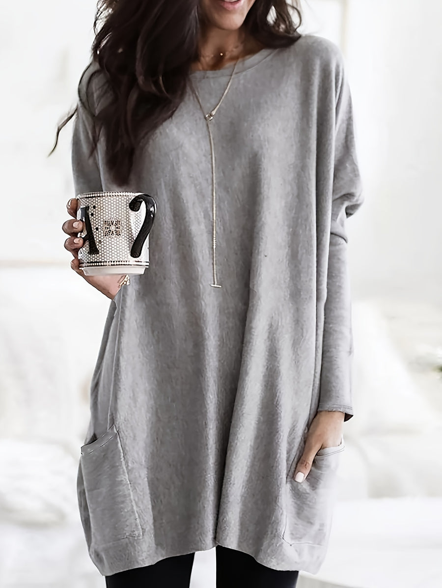 Spring/Autumn Casual Long Sleeve Loose Fit Oversized T-Shirt with Pocket Robe Top - Light Grey