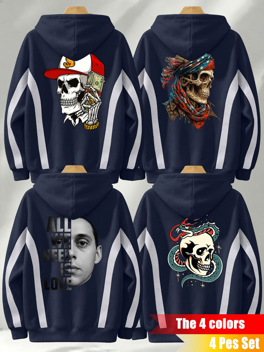 4pcs 2026 Autumn/Winter Men's Street Style Hooded Sweatshirt with Diagonal Contrast Color Line Cutting on Sleeves, Long Sleeves, Adjustable Drawstring, Large Capacity Kangaroo Pocket for Phone Storage, Skin-Friendly and Warm, Versatile Pullover - Navy Blue+Navy Blue+Navy Blue+Navy Blue