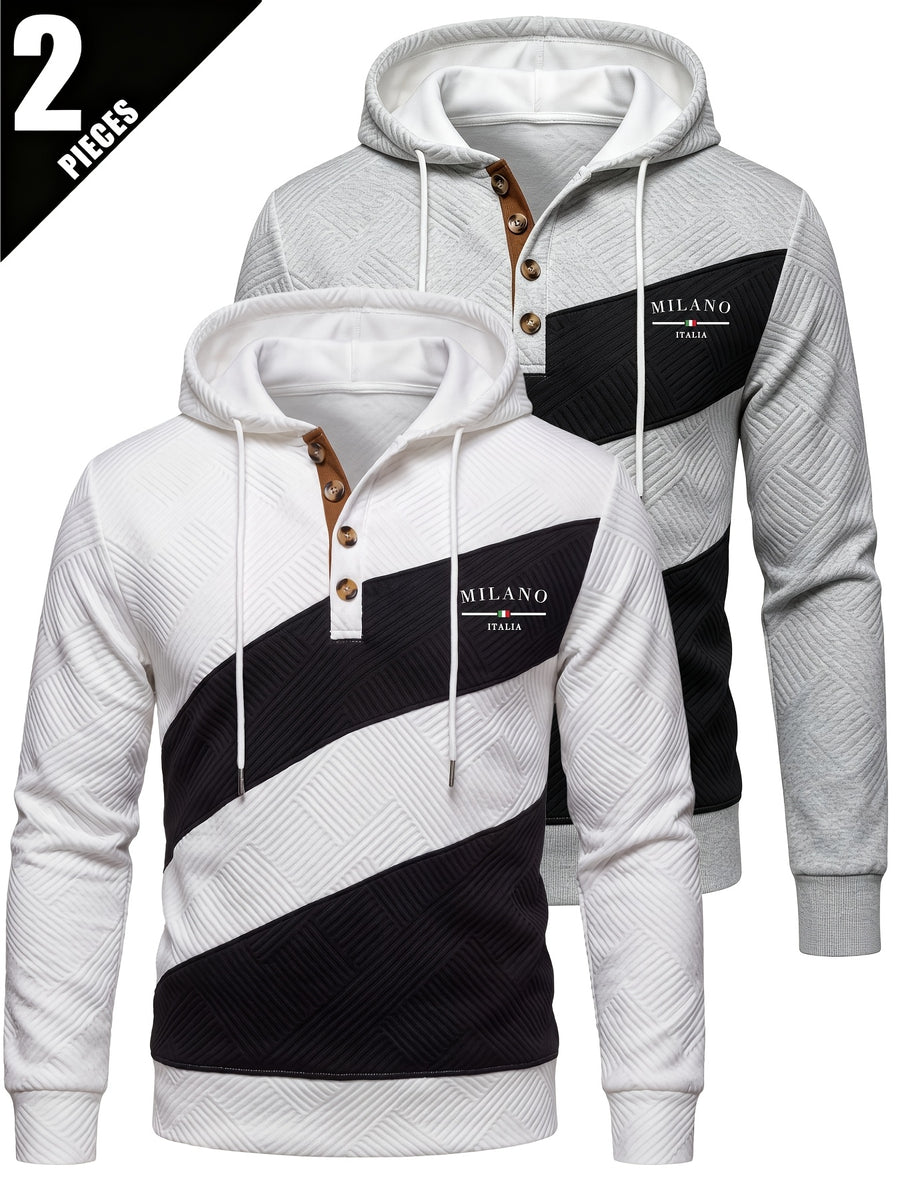 2pcs Men'S Patchwork Fashion Hoodie Set, Textured Color-Block Zipper Print Long Sleeve Hoodie, Regular Fit Street Casual Daily Outing - White+gray