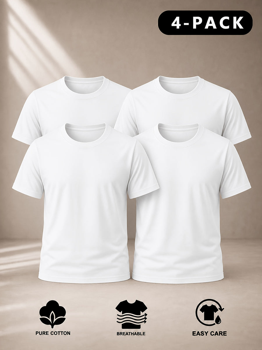 Men's 4pcs 100% Cotton Short Sleeve T-Shirts, Soft & Comfortable Crew Neck Basic Tees for Everyday Casual Wear, Layering and Travel, Father's Day Gift for Men, Available in Black, White or Mixed Black & White - White 4-pack