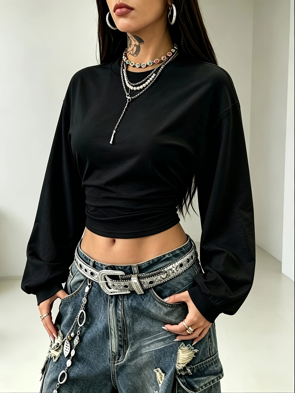 Women's Back-to- Season Basic Solid Color Pleated Asymmetrical Collar Long Sleeve Pullover Top, Autumn/Winter Casual Versatile Style,, Leisure, Dating, and Vacation Holidays in Multiple Scenarios - Black