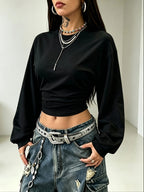 Women's Back-to- Season Basic Solid Color Pleated Asymmetrical Collar Long Sleeve Pullover Top, Autumn/Winter Casual Versatile Style,, Leisure, Dating, and Vacation Holidays in Multiple Scenarios - Black