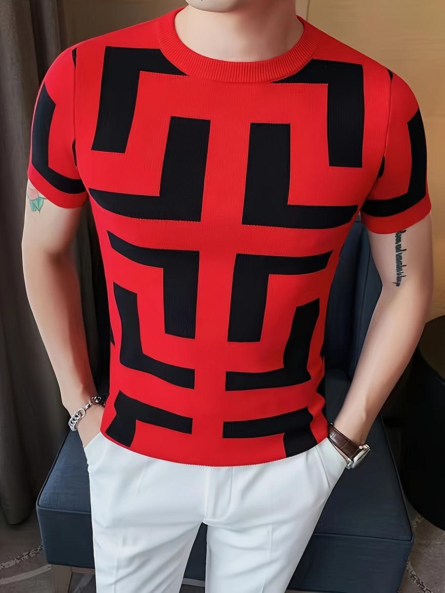 Cross-border New Men's Outdoor Short-sleeve Round-neck Knit Pullover Sweater - Red
