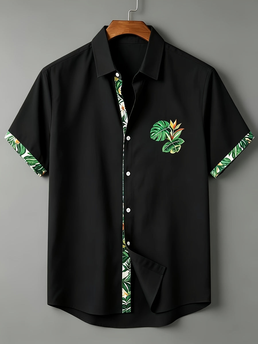 100% Men'S Casual Short Sleeve Shirt, Pure Fabric with Print And Color Block Design for Summer, Beach Vacation Style Blouse, Fabric Is Sweat-Absorbent And Breathable, Great Gift for Boyfriend And Husband, Suitable for Outdoor Travel Or Vacation - Soot Black